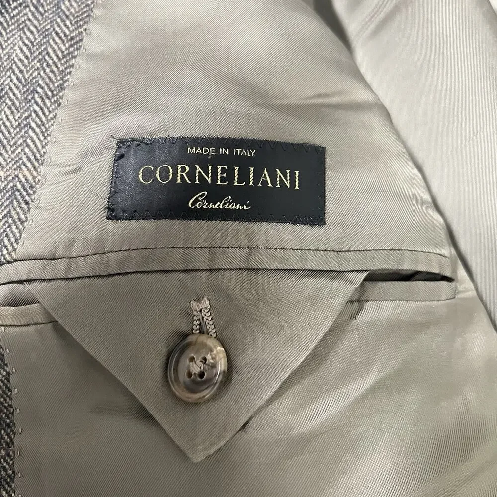 Corneliani Wool Camel Silk Tweed Blazer Brown Jacket 56R Herringbone Italy